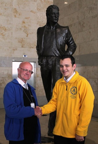 LJLA’s oldest volunteer, 81 year old Cliff Johnson from the Friends of Liverpool Airport welcomes its newest and youngest volunteer, 17 year old ‘A-Team’ member Josh Kavanagh.