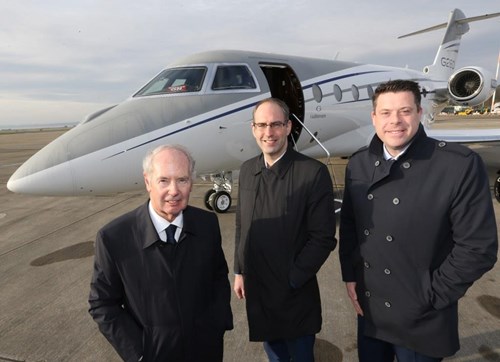 Photo caption:  (L to R): Sir Peter Rigby, Chairman of the Rigby Group with LJLA CEO John Irving and Gavin Thompson, Gulfstream Regional Sales Manager for Europe, Russia & C.I.S